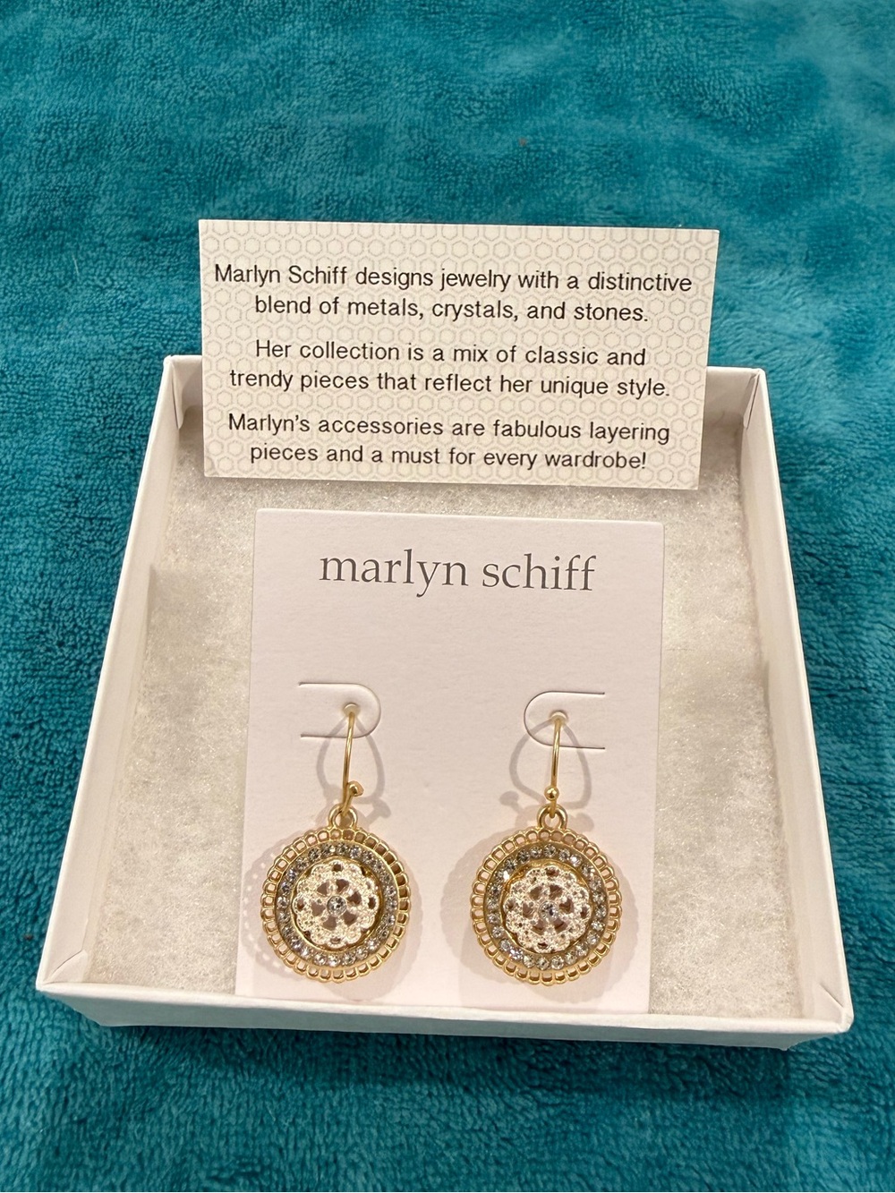 Never Worn Marlyn Schiff Gold and White Layered Round Drop Earrings